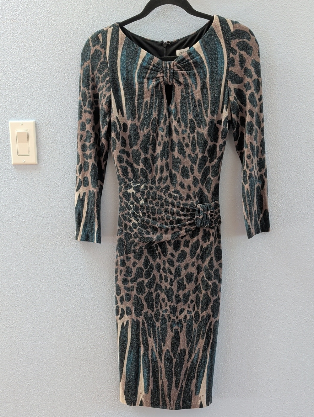 Cache Animal Print Sheath Dress with Knot Detail - Taupe & Teal